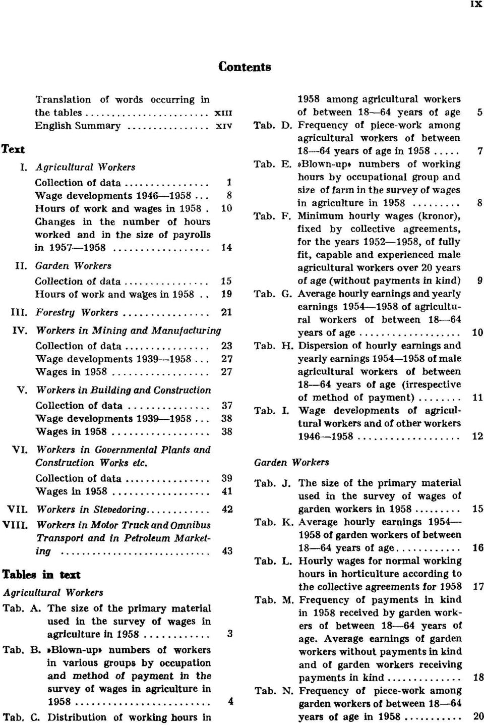 Garden Workers Collection of data 15 Hours of work and wages in 1958 19 III. Forestry Workers 21 IV.