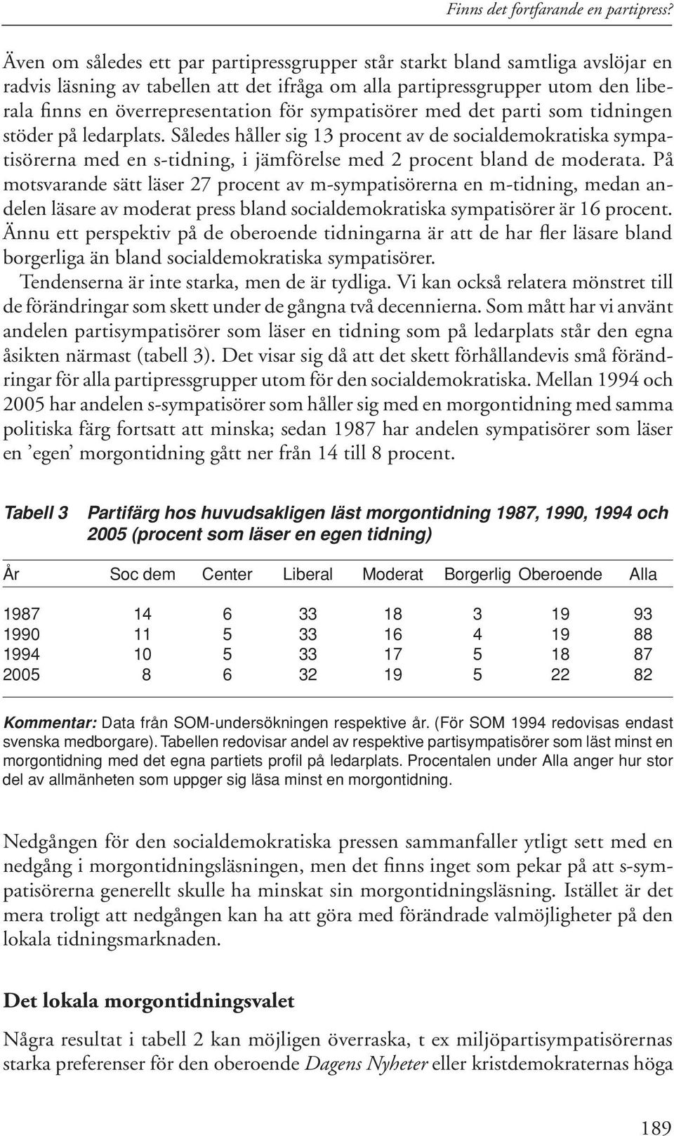 sympatisörer med det parti som tidningen stöder på ledarplats. Således håller sig 13 procent av de socialdemokratiska sympatisörerna med en s-tidning, i jämförelse med 2 procent bland de moderata.