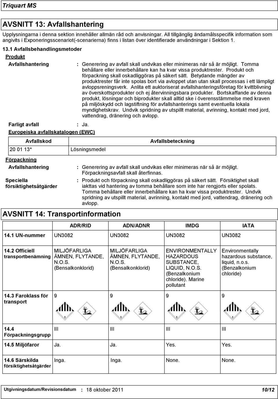 1 Avfallsbehandlingsmetoder Produkt Avfallshantering Farligt avfall Ja. Europeiska avfallskatalogen (EWC) Generering av avfall skall undvikas eller minimeras när så är möjligt.