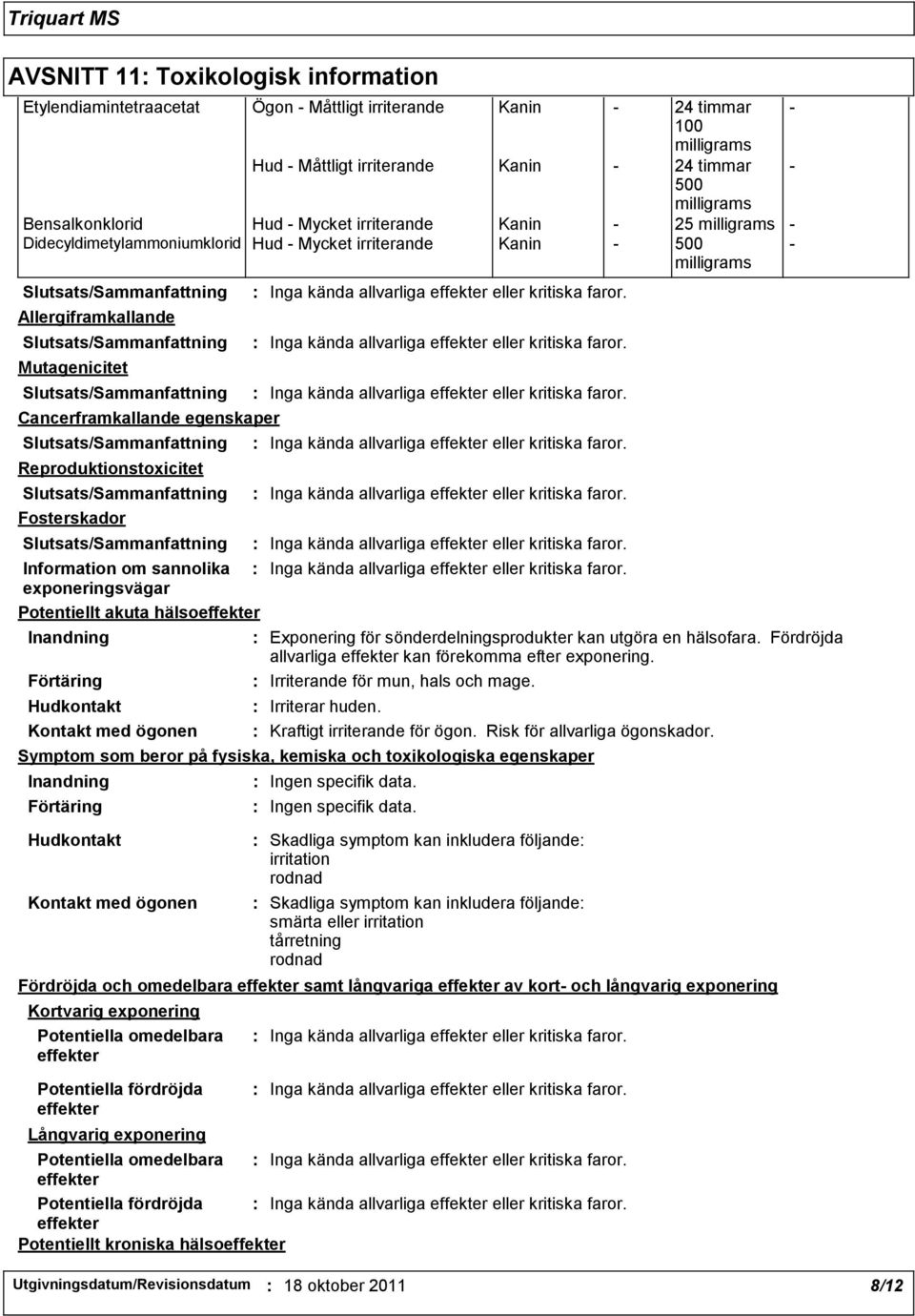 egenskaper Reproduktionstoxicitet Fosterskador Information om sannolika Inga kända allvarliga effekter eller kritiska faror.