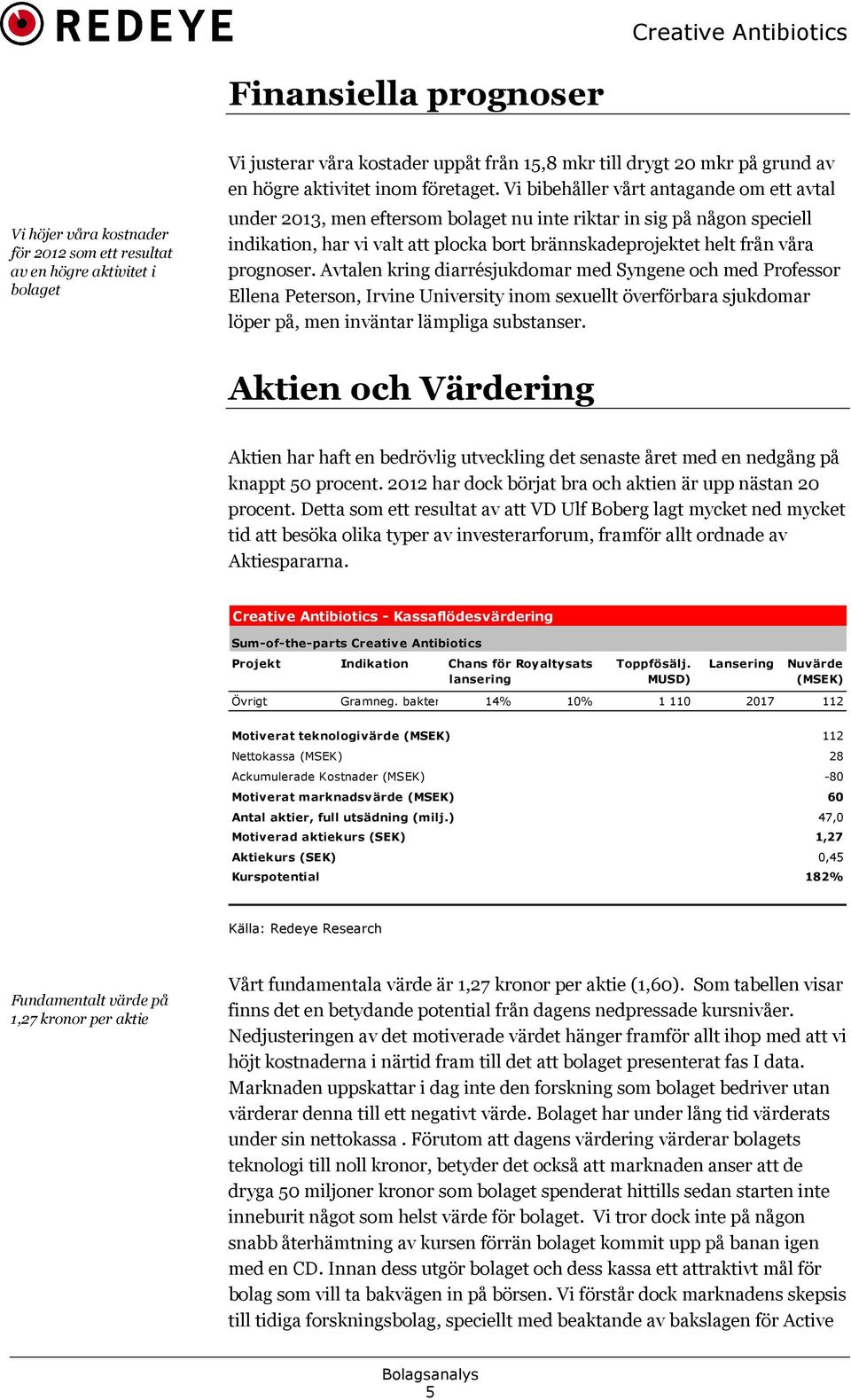 Vi bibehåller vårt antagande om ett avtal under 2013, men eftersom bolaget nu inte riktar in sig på någon speciell indikation, har vi valt att plocka bort brännskadeprojektet helt från våra prognoser.