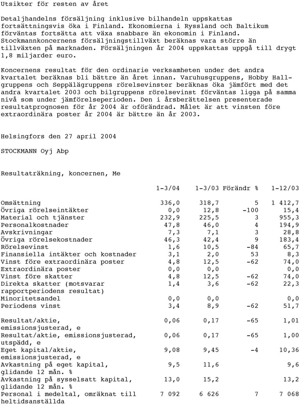 Försäljningen år 2004 uppskattas uppgå till drygt 1,8 miljarder euro. Koncernens resultat för den ordinarie verksamheten under det andra kvartalet beräknas bli bättre än året innan.