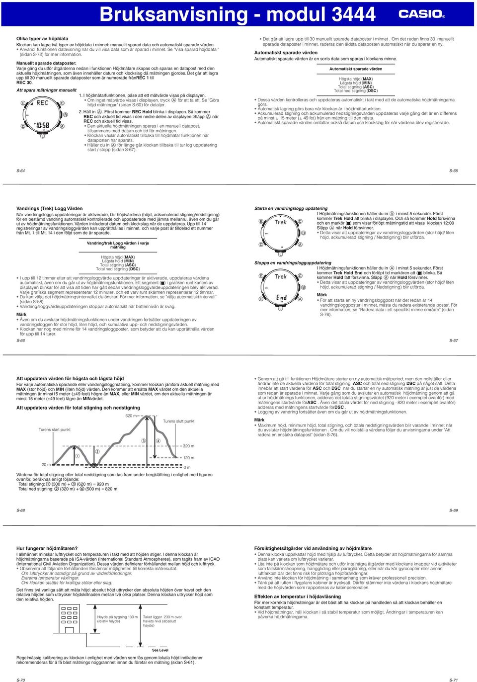 Manuellt sparade dataposter: Varje gång du utför åtgärderna nedan i funktionen Höjdmätare skapas och sparas en datapost med den aktuella höjdmätningen, som även innehåller datum och klockslag då