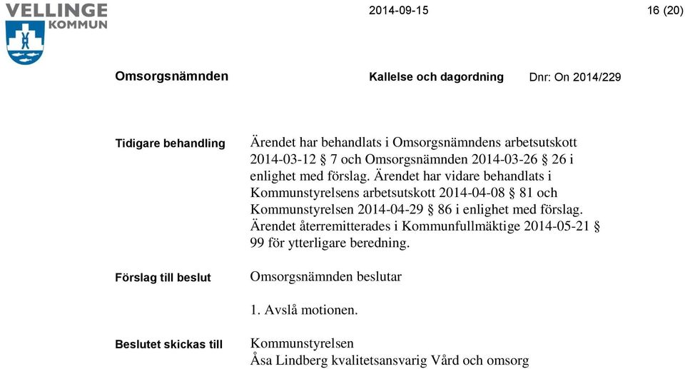 Ärendet har vidare behandlats i Kommunstyrelsens arbetsutskott 2014-04-08 81 och Kommunstyrelsen 2014-04-29 86 i 