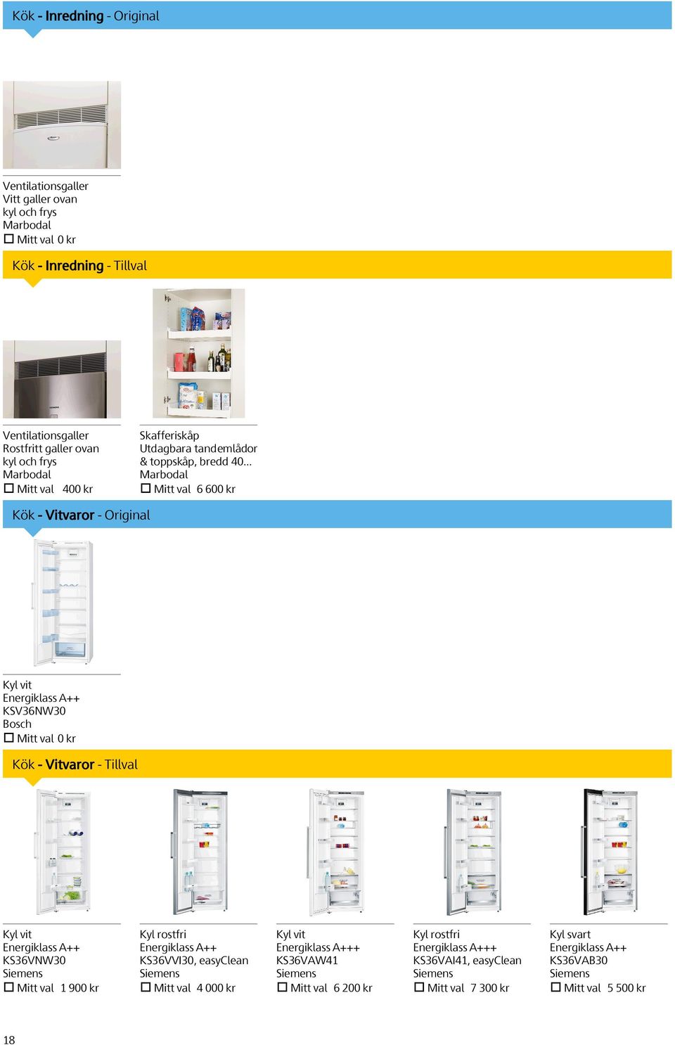 .. Mitt val 6 600 kr Kök - Vitvaror - Original Kyl vit Energiklass A++ KSV36NW30 Bosch Mitt val 0 kr Kök - Vitvaror - Tillval Kyl vit Energiklass A++ KS36VNW30 Siemens Mitt