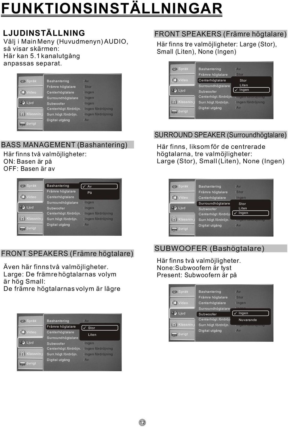 Digital utgång : Stor fördröjning fördröjning BASS MANAGEMENT (Bashantering) Här finns två valmöjligheter: ON: Basen är på OFF: Basen är av FRONT SPEAKERS (Främre högtalare) Här finns tre