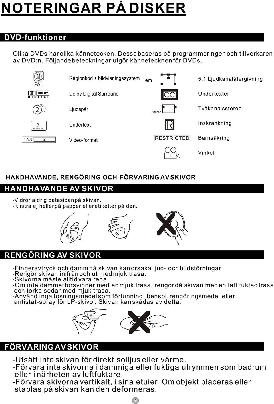 1 kanalåtergivning Undertexter Tvåkanalsstereo Inskränkning Barnsäkring Vinkel HANDHAVANDE, RENGÖRING OCH FÖRVARING AV SKIVOR HANDHAVANDE AV SKIVOR -Vidrör aldrig datasidan på skivan.