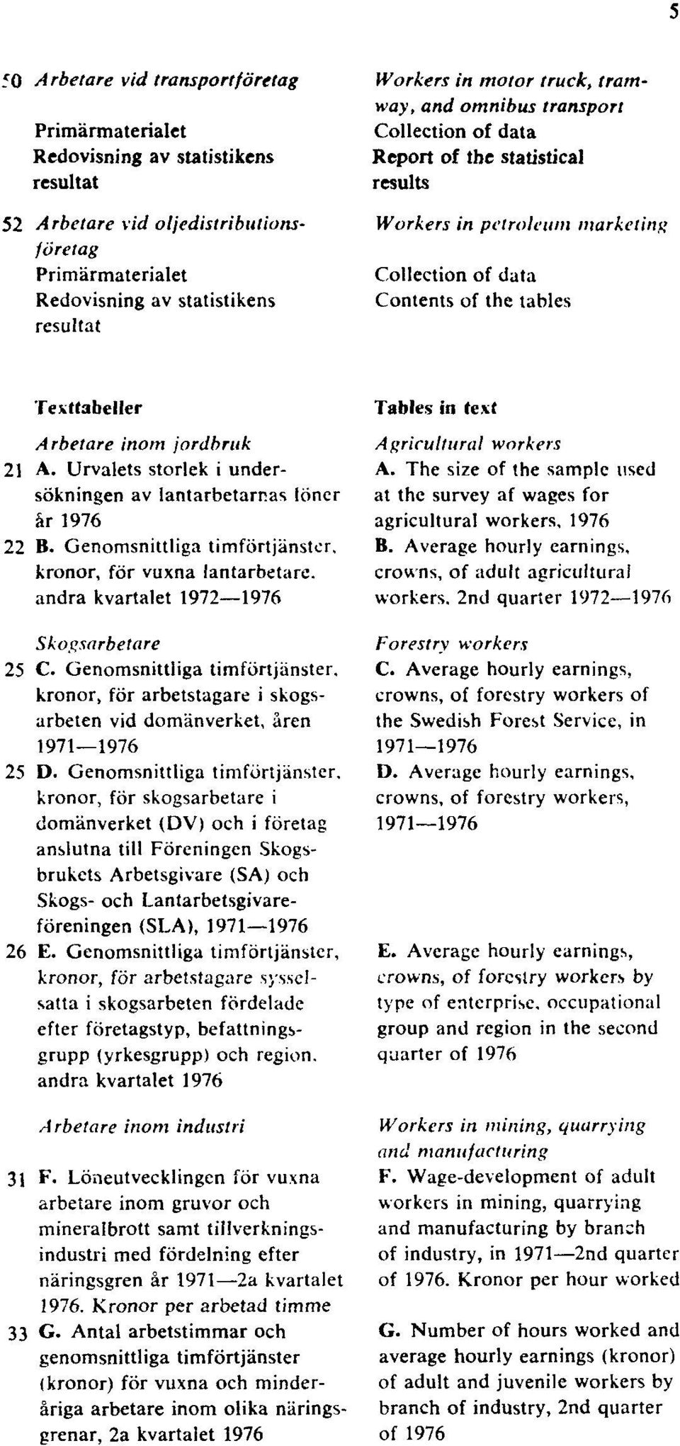 jordbruk 21 A. Urvalets storlek i undersökningen av lantarbetarnas löner år 1976 22 B. Genomsnittliga timförtjänster, kronor, för vuxna lantarbetare, andra kvartalet 1972 1976 Skogsarbetare 25 C.