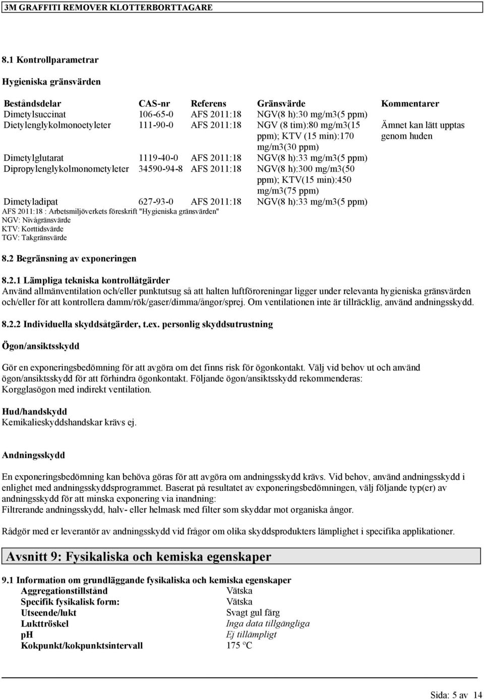 h):300 mg/m3(50 ppm); KTV(15 min):450 mg/m3(75 ppm) Dimetyladipat 627-93-0 AFS 2011:18 NGV(8 h):33 mg/m3(5 ppm) AFS 2011:18 : Arbetsmiljöverkets föreskrift "Hygieniska gränsvärden" NGV: