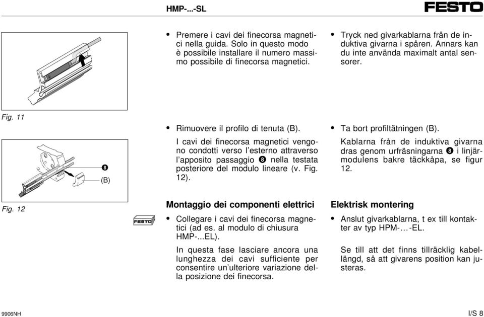 I cavi dei finecorsa magnetici vengono condotti verso l esterno attraverso l apposito passaggio 8 nella testata posteriore del modulo lineare (v. Fig. 12). Ta bort profiltätningen (B).