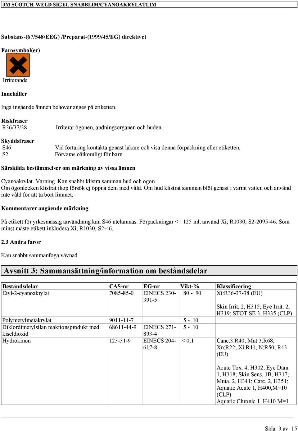 Särskilda bestämmelser om märkning av vissa ämnen Cyanoakrylat. Varning. Kan snabbt klistra samman hud och ögon. Om ögonlocken klistrat ihop försök ej öppna dem med våld.