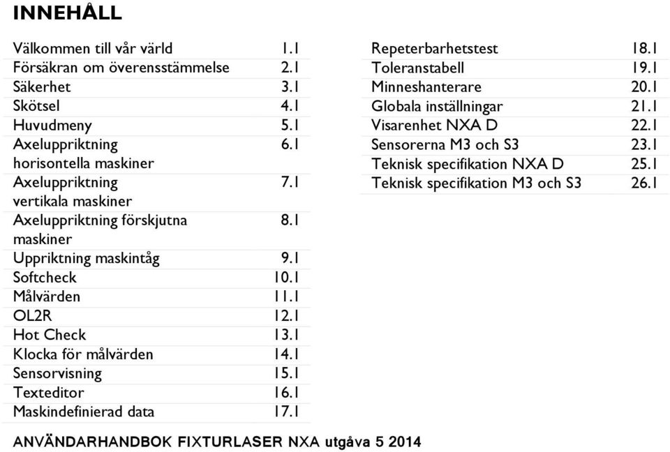 1 OL2R 12.1 Hot Check 13.1 Klocka för målvärden 14.1 Sensorvisning 15.1 Texteditor 16.1 Maskindefinierad data 17.