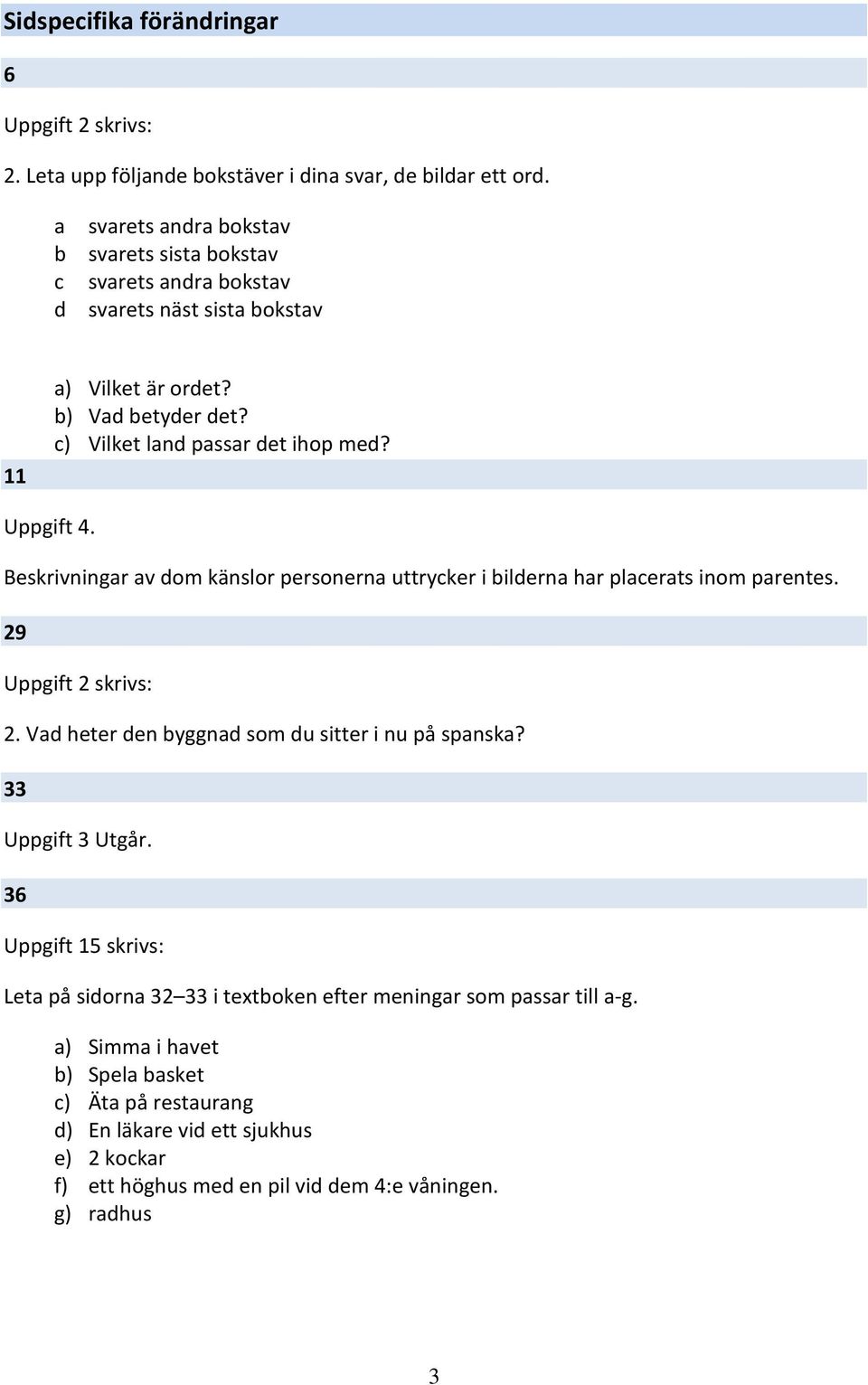 Uppgift 4. Beskrivningar av dom känslor personerna uttrycker i bilderna har placerats inom parentes. 29 Uppgift 2 skrivs: 2. Vad heter den byggnad som du sitter i nu på spanska?