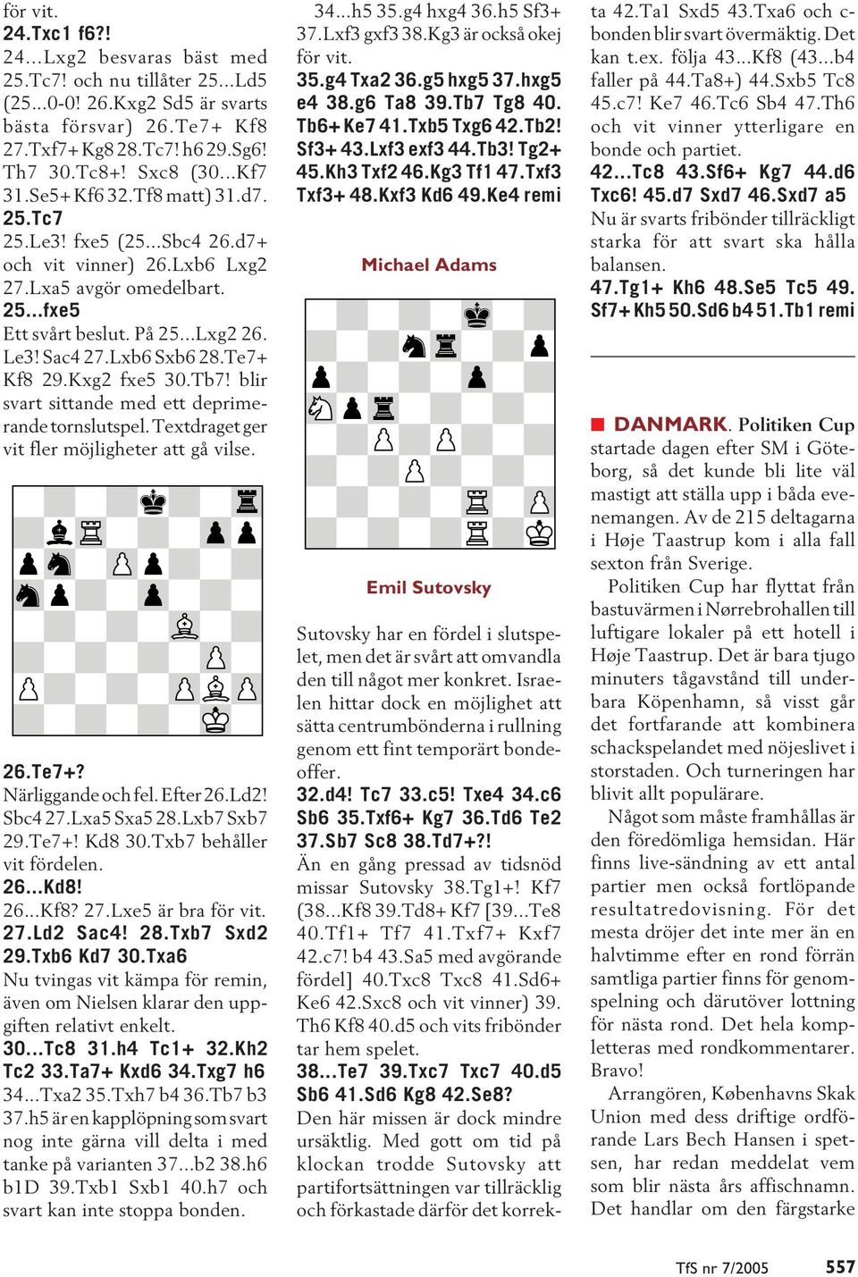 Lxb6 Sxb6 28.Te7+ Kf8 29.Kxg2 fxe5 30.Tb7! blir svart sittande med ett deprimerande tornslutspel. Textdraget ger vit fler möjligheter att gå vilse. 26.Te7+? Närliggande och fel. Efter 26.Ld2! Sbc4 27.
