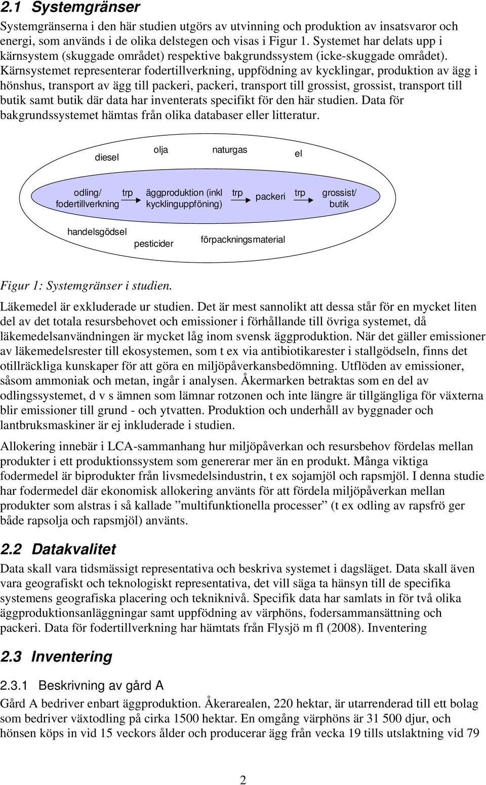 Kärnsystemet representerar fodertillverkning, uppfödning av kycklingar, produktion av ägg i hönshus, transport av ägg till packeri, packeri, transport till grossist, grossist, transport till butik