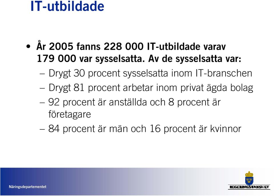 Av de sysselsatta var: Drygt 30 procent sysselsatta inom IT-branschen