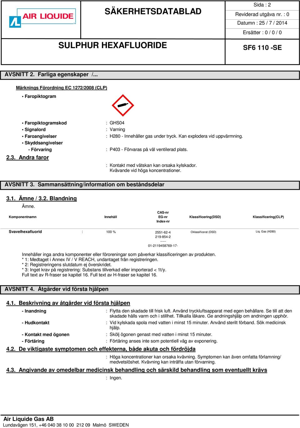 AVSNITT 3. Sammansättning/information om beståndsdelar 3.1. Ämne / 3.2. Blandning Ämne.