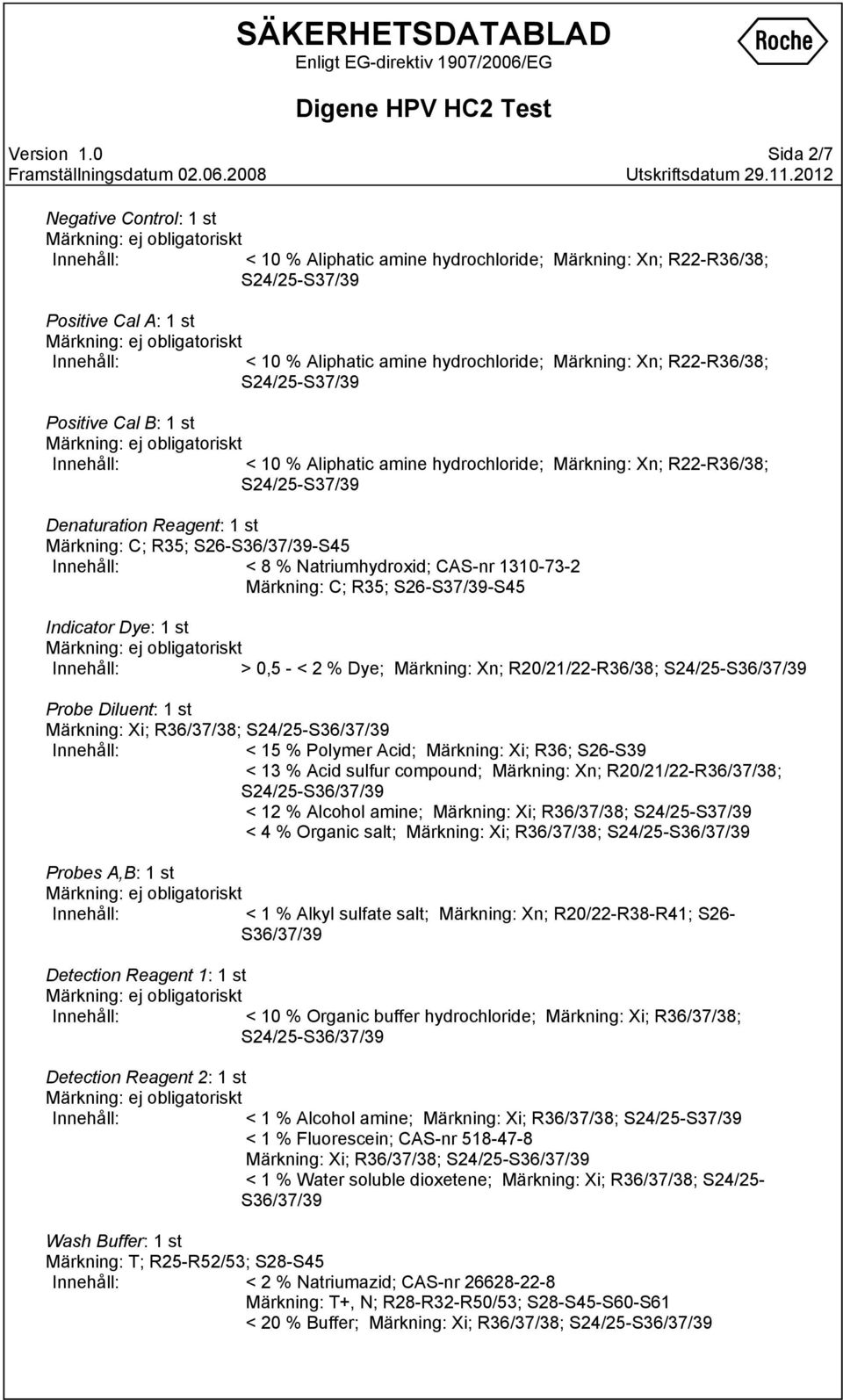 Positive Cal B: 1 st < 10 % Aliphatic amine hydochloide; Mäkning: Xn; R22R36/38; S24/25S37/39 Denatuation Reagent: 1 st Mäkning: C; R35; S26S36/37/39S45 < 8 % Natiumhydoxid; CASn 1310732 Mäkning: C;