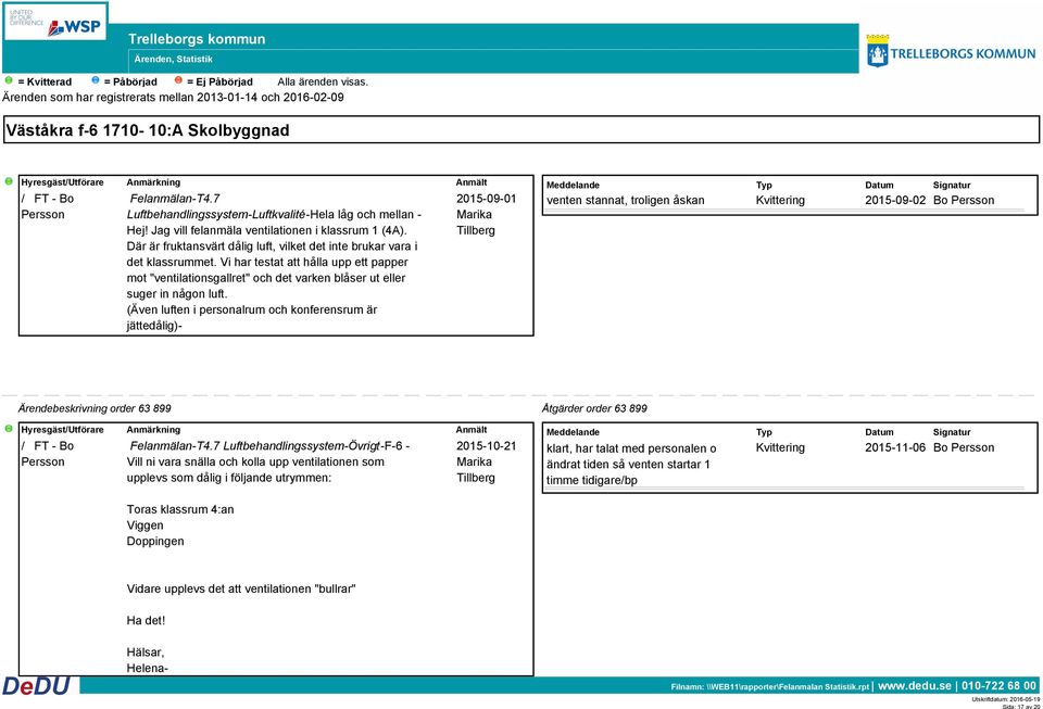 (Även luften i personalrum och konferensrum är jättedålig)- 2015-09-01 Tillberg venten stannat, troligen åskan 2015-09-02 Bo Persson Ärendebeskrivning order 63 899 Åtgärder order 63 899 / FT - Bo