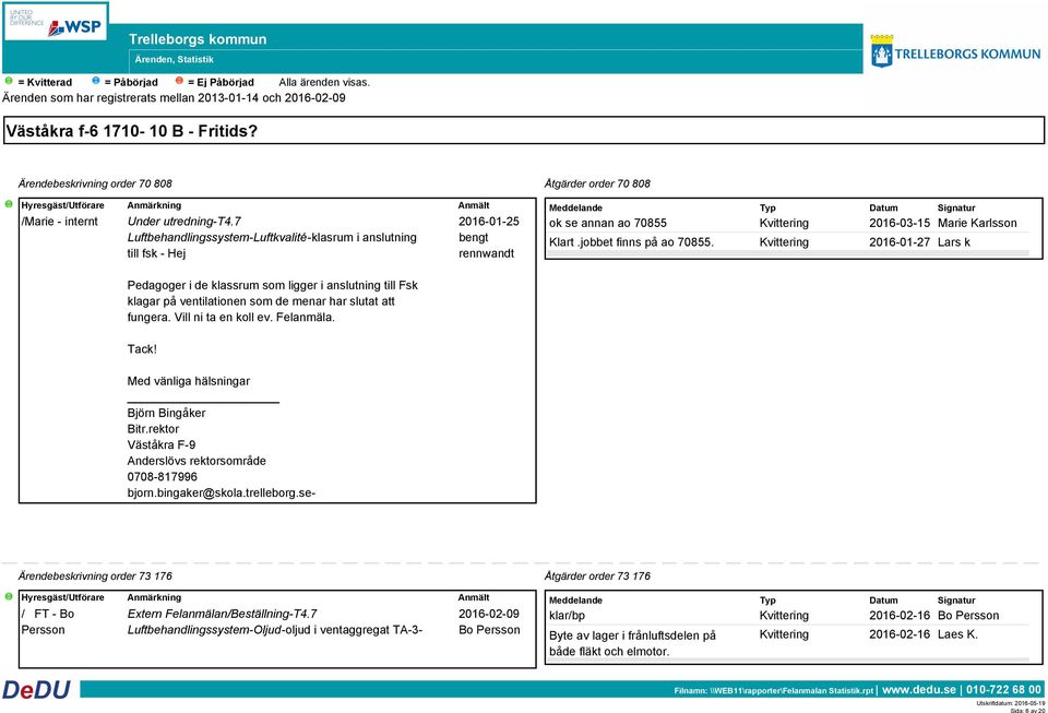 2016-01-27 Lars k Pedagoger i de klassrum som ligger i anslutning till Fsk klagar på ventilationen som de menar har slutat att fungera. Vill ni ta en koll ev. Felanmäla. Tack!