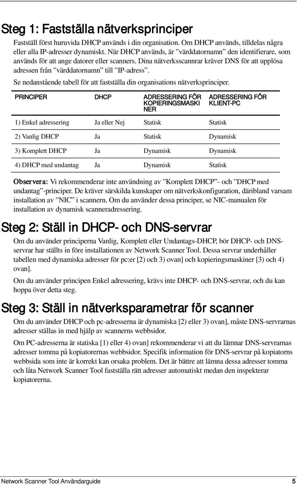 Se nedanstående tabell för att fastställa din organisations nätverksprinciper.