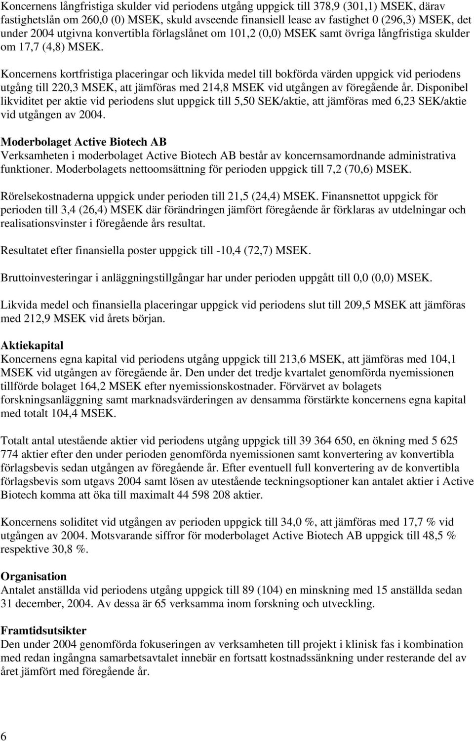 Koncernens kortfristiga placeringar och likvida medel till bokförda värden uppgick vid periodens utgång till 220,3 MSEK, att jämföras med 214,8 MSEK vid utgången av föregående år.