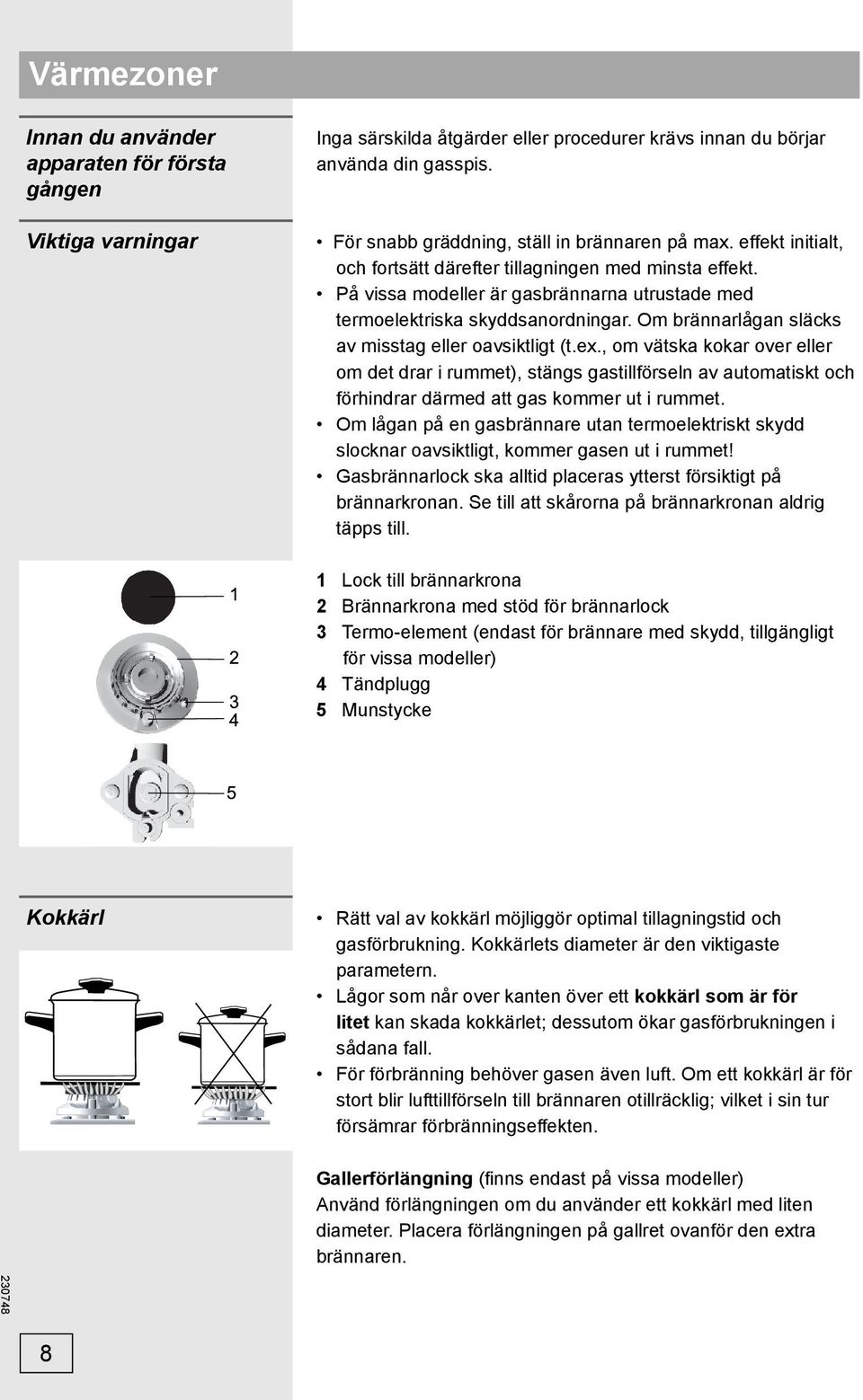 På vissa modeller är gasbrännarna utrustade med termoelektriska skyddsanordningar. Om brännarlågan släcks av misstag eller oavsiktligt (t.ex.