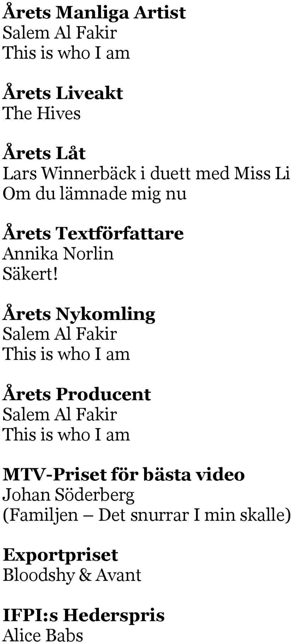 Årets Nykomling Salem Al Fakir This is who I am Årets Producent Salem Al Fakir This is who I am