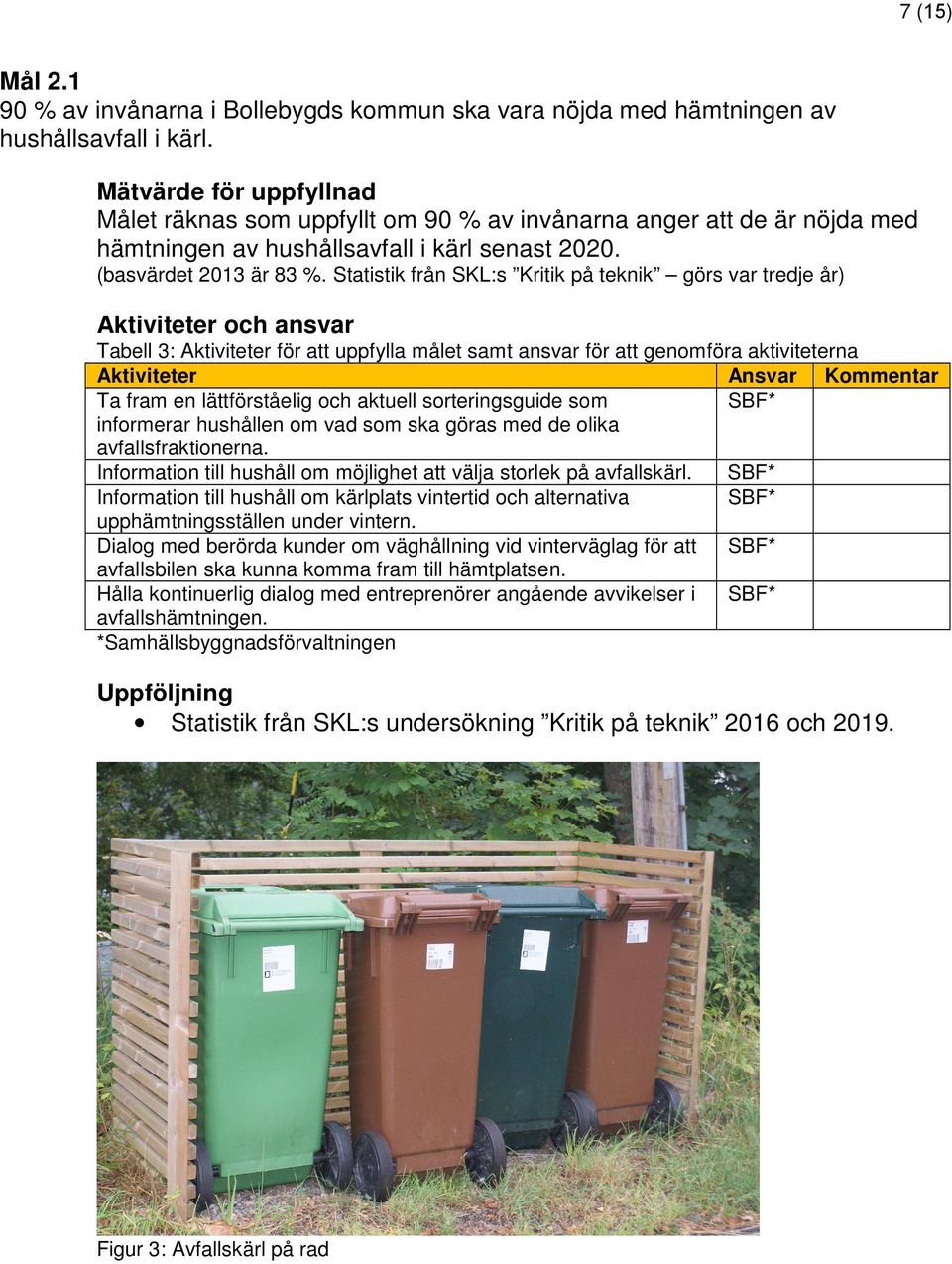 Statistik från SKL:s Kritik på teknik görs var tredje år) Aktiviteter och ansvar Tabell 3: Aktiviteter för att uppfylla målet samt ansvar för att genomföra aktiviteterna Aktiviteter Ansvar Kommentar