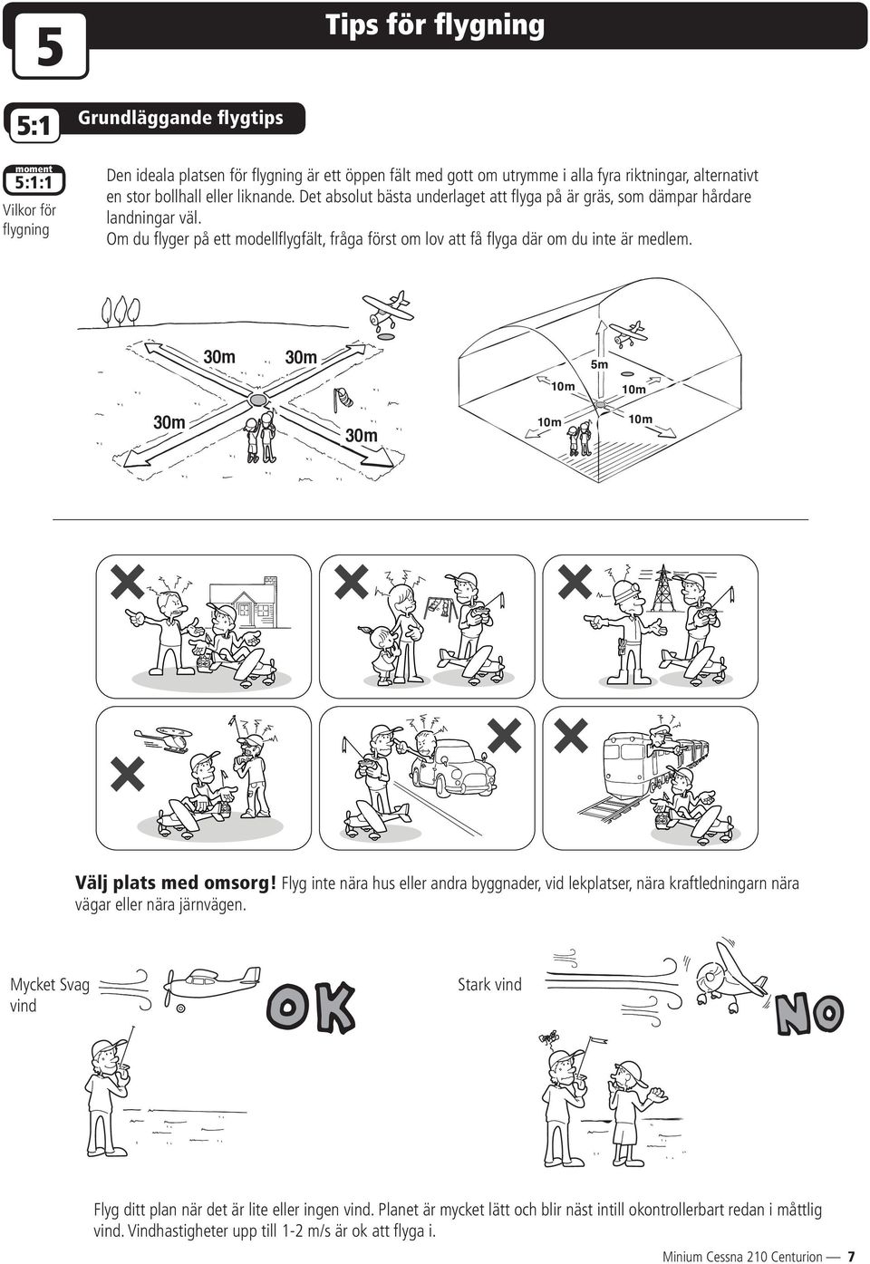 Om du fl yger på ett modellfl ygfält, fråga först om lov att få fl yga där om du inte är medlem. 30m 30m 5m 10m 10m 30m 30m 10m 10m Välj plats med omsorg!