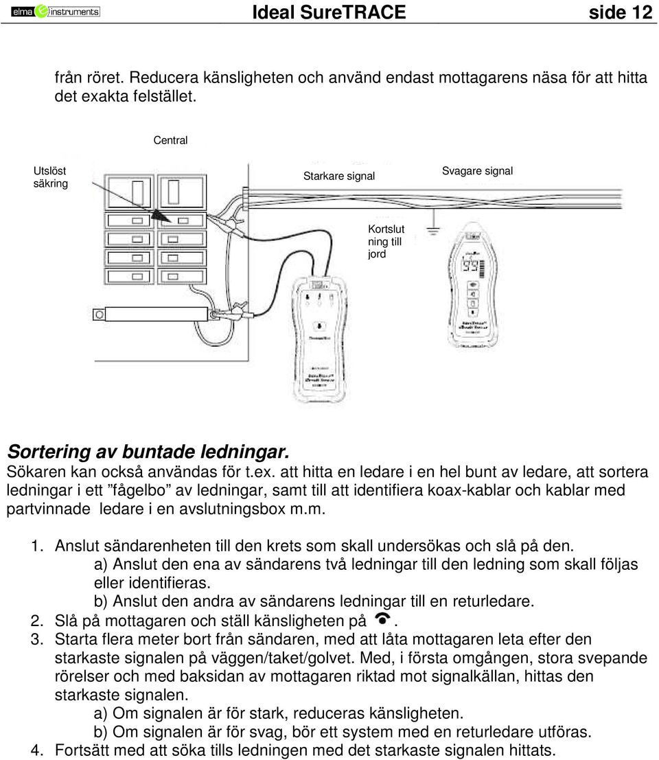 att hitta en ledare i en hel bunt av ledare, att sortera ledningar i ett fågelbo av ledningar, samt till att identifiera koax-kablar och kablar med partvinnade ledare i en avslutningsbox m.m. 1.