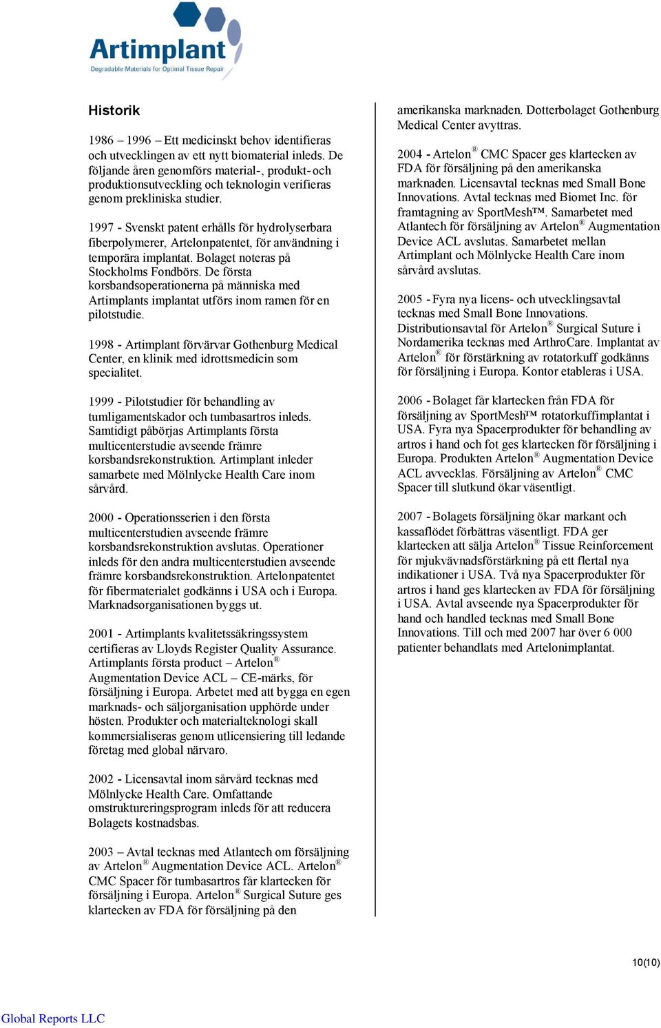 1997 - Svenskt patent erhålls för hydrolyserbara fiberpolymerer, Artelonpatentet, för användning i temporära implantat. Bolaget noteras på Stockholms Fondbörs.