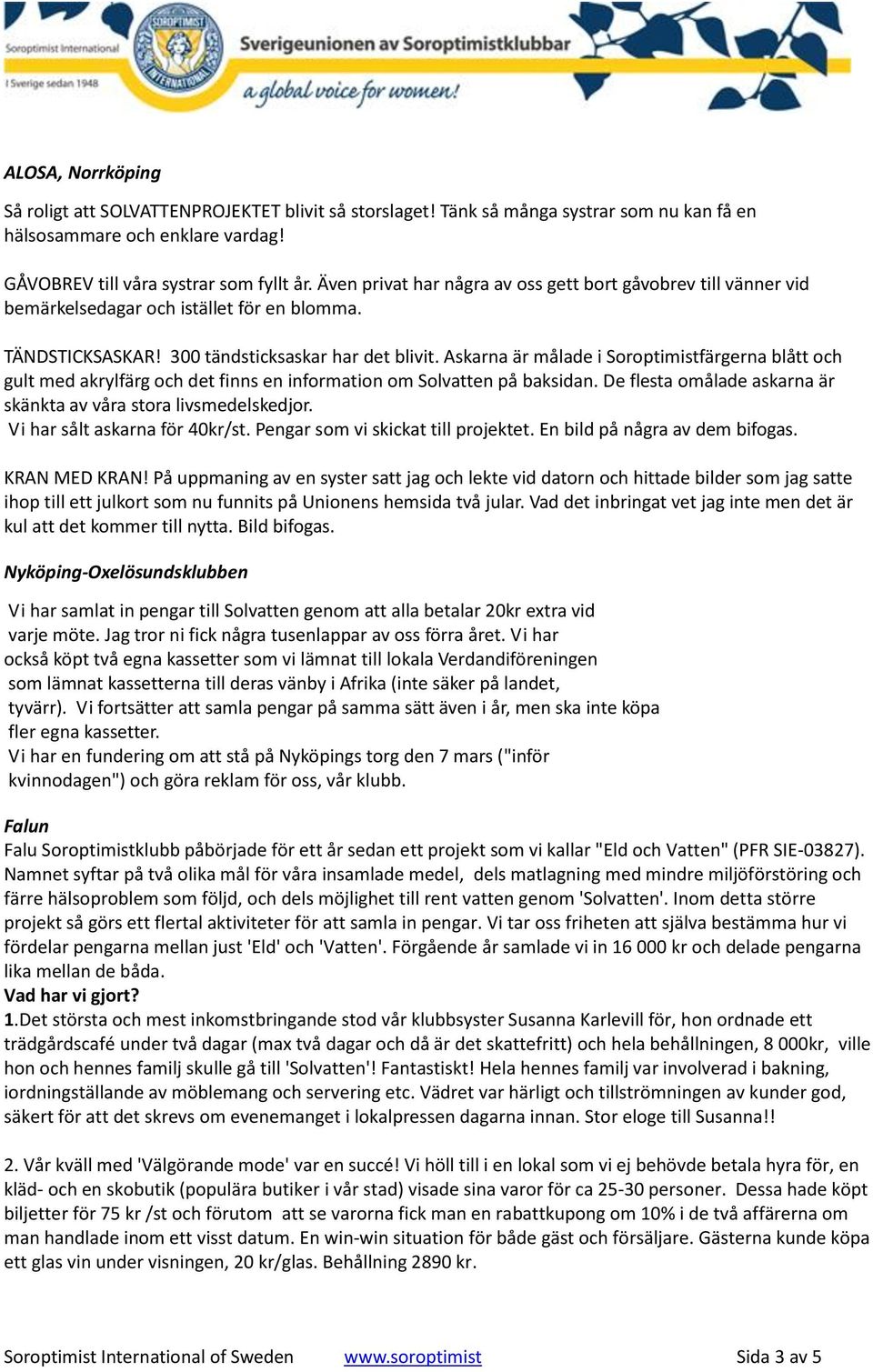 Askarna är målade i Soroptimistfärgerna blått och gult med akrylfärg och det finns en information om Solvatten på baksidan. De flesta omålade askarna är skänkta av våra stora livsmedelskedjor.