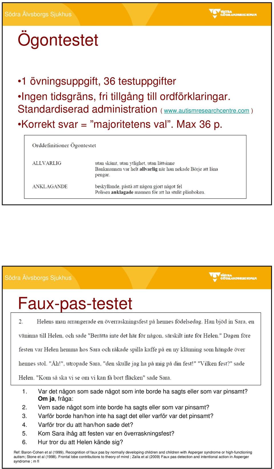 4. Varför tror du att han/hon sade det? 5. Kom Sara ihåg att festen var en överraskningsfest? 6. Hur tror du att Helen kände sig? Ref: Baron-Cohen et al (1999).