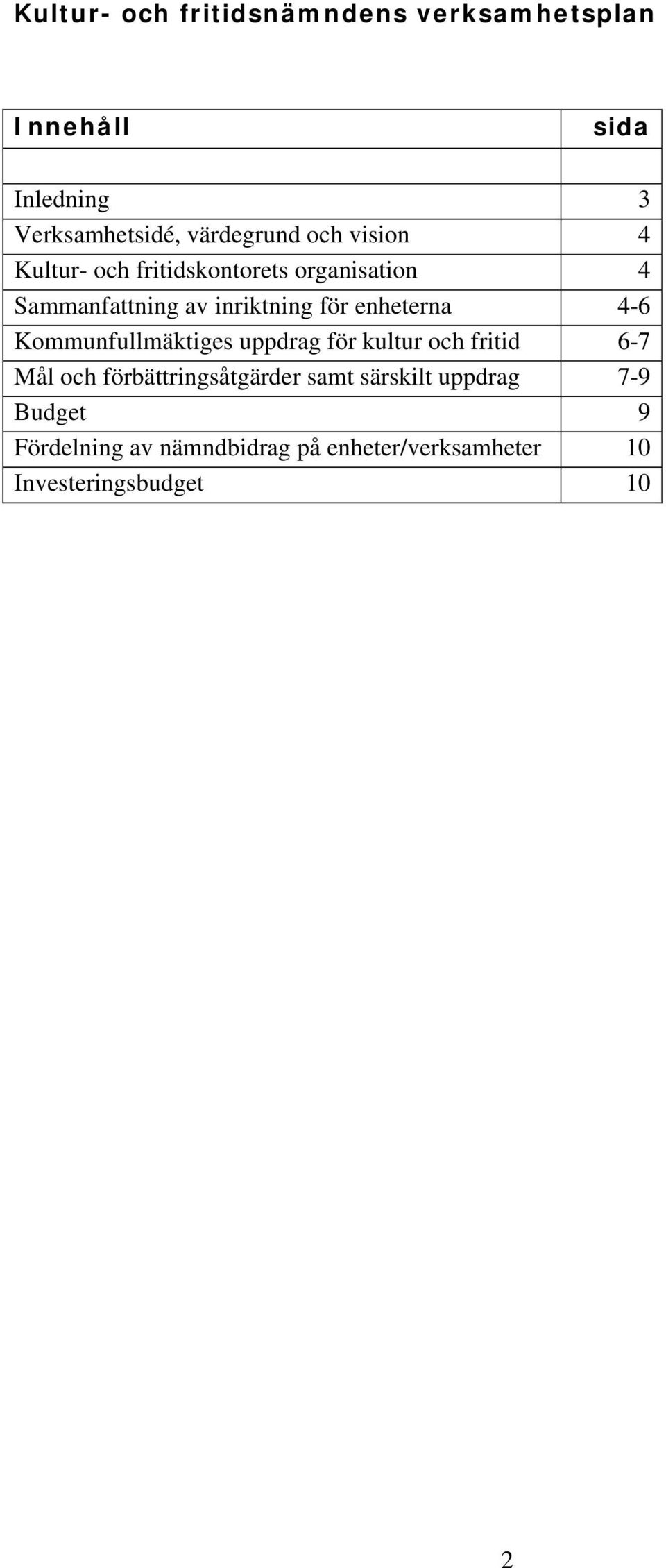 enheterna 4-6 Kommunfullmäktiges uppdrag för kultur och fritid 6-7 Mål och förbättringsåtgärder
