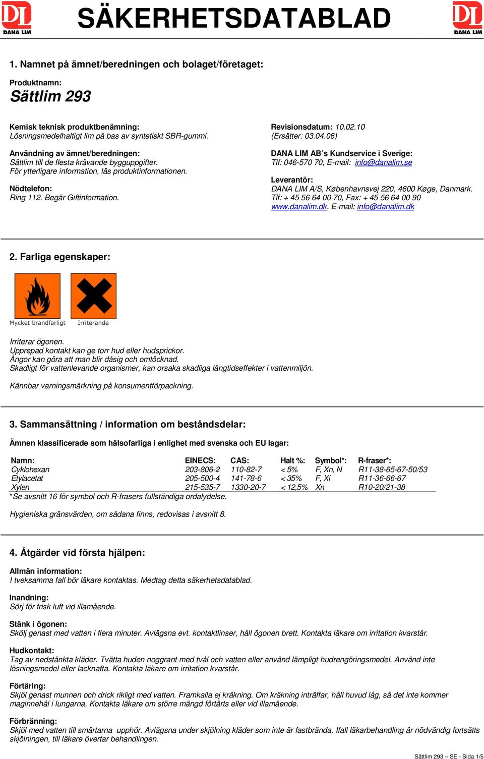 02.10 (Ersätter: 03.04.06) DANA LIM AB s Kundservice i Sverige: Tlf: 046-570 70, E-mail: info@danalim.se Leverantör: DANA LIM A/S, Københavnsvej 220, 4600 Køge, Danmark.