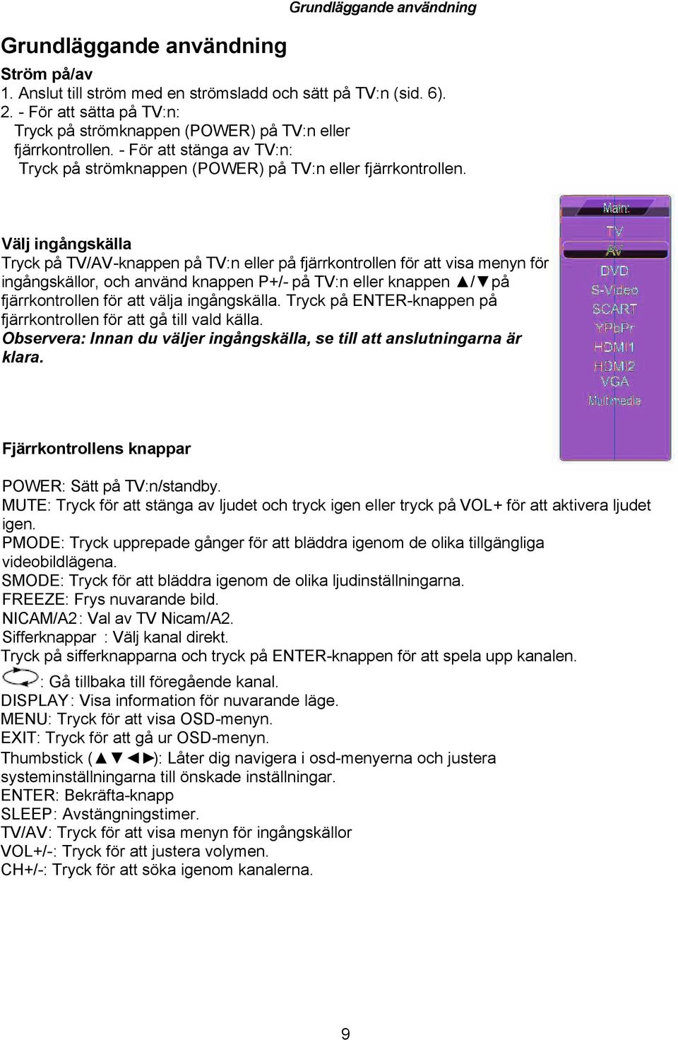 Välj ingångskälla Tryck på TV/AV-knappen på TV:n eller på fjärrkontrollen för att visa menyn för ingångskällor, och använd knappen P+/- på TV:n eller knappen / på fjärrkontrollen för att välja