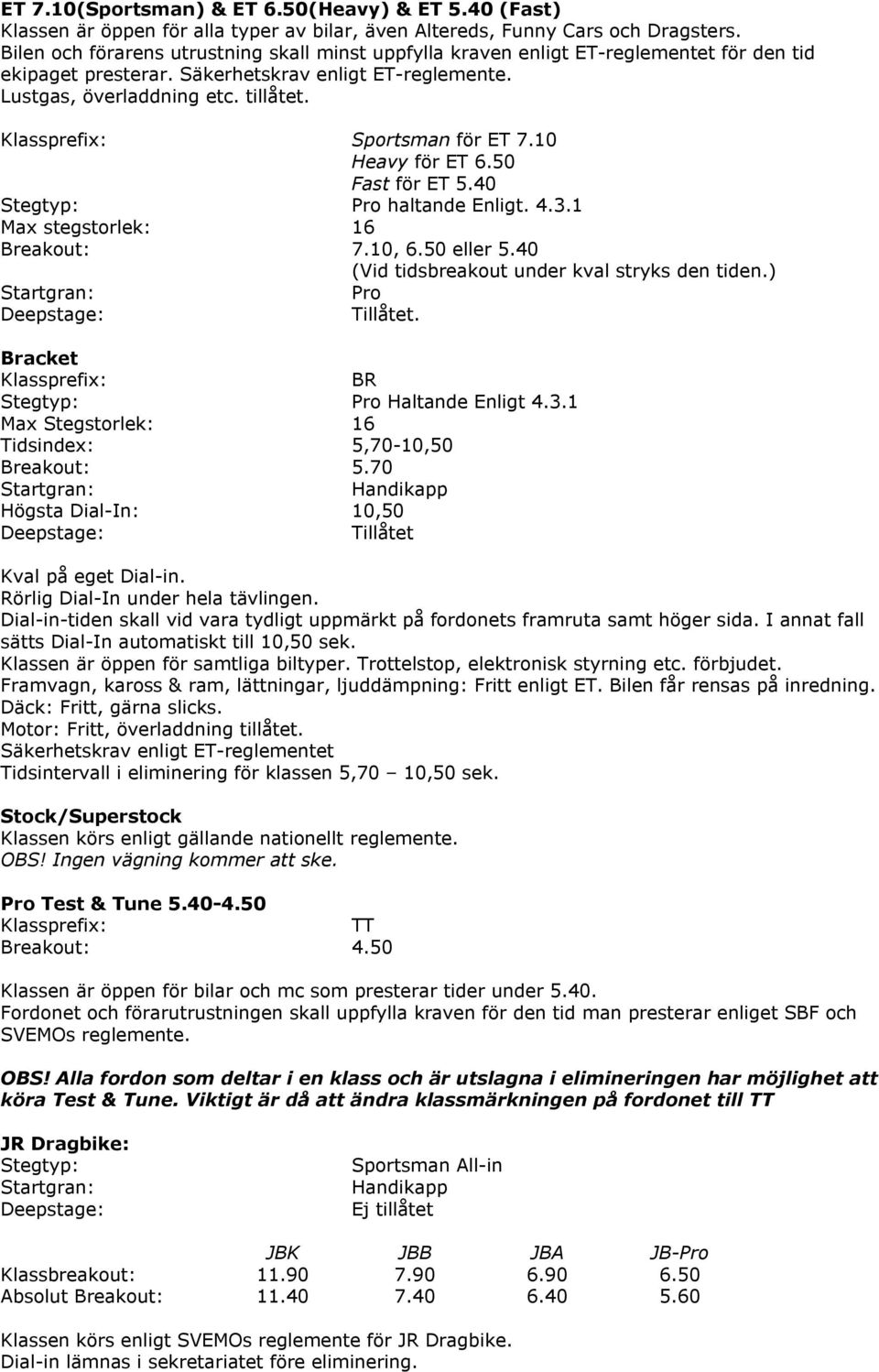 Sportsman för ET 7.10 Heavy för ET 6.50 Fast för ET 5.40 Stegtyp: haltande Enligt. 4.3.1 7.10, 6.50 eller 5.40 (Vid tidsbreakout under kval stryks den tiden.) Tillåtet.