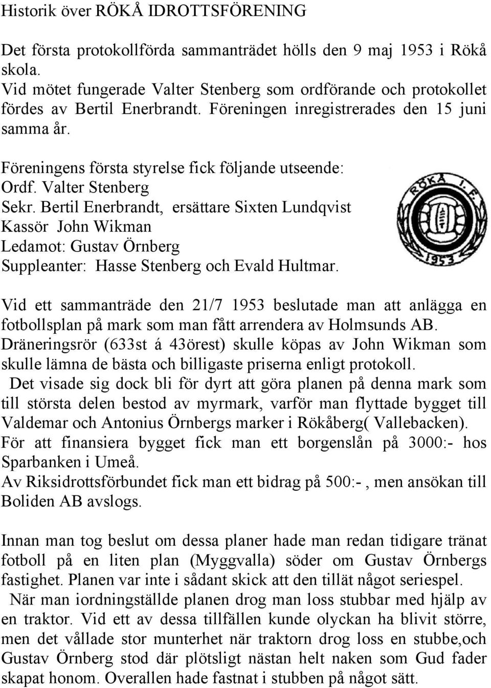 Föreningens första styrelse fick följande utseende: Ordf. Valter Stenberg Sekr.