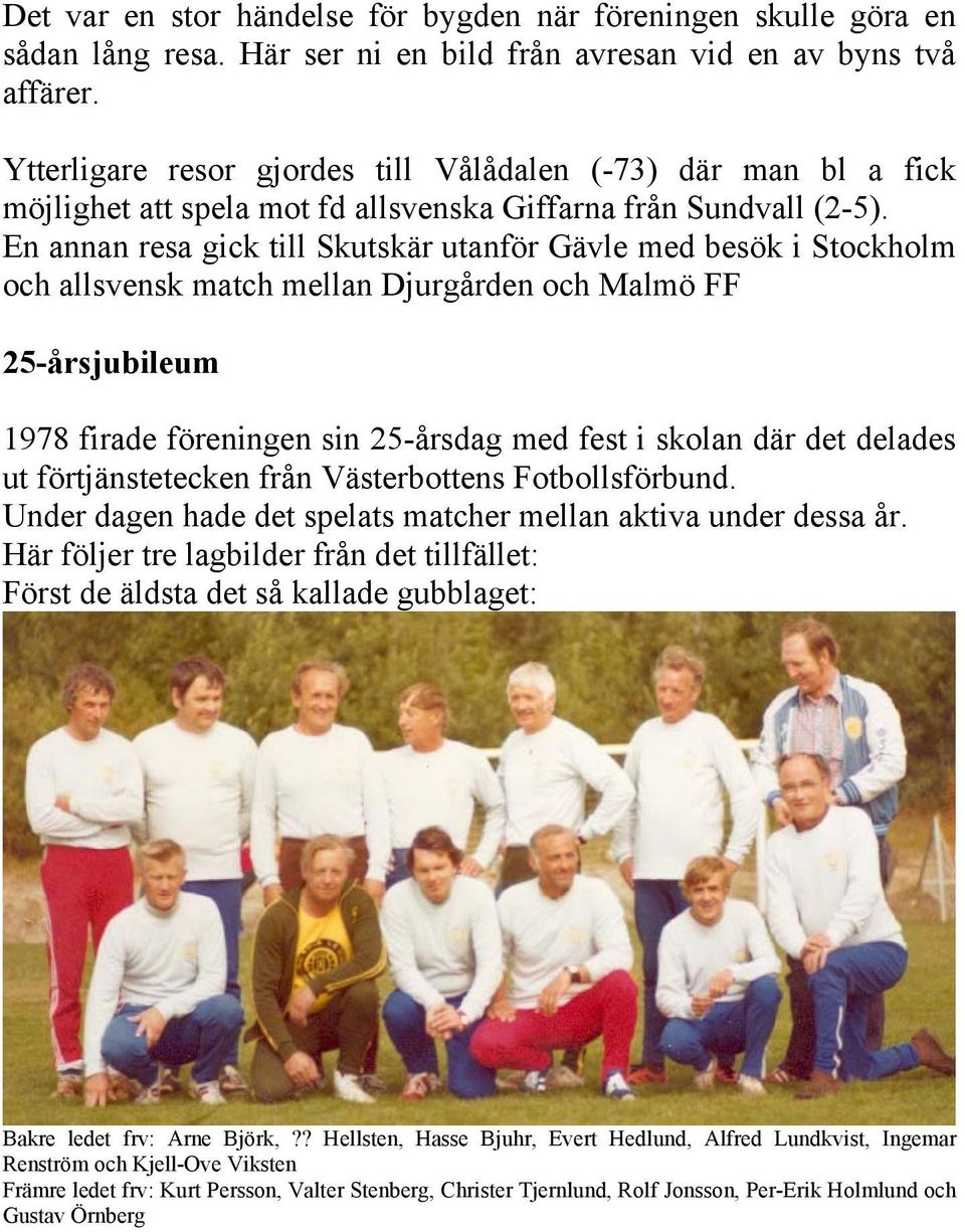 En annan resa gick till Skutskär utanför Gävle med besök i Stockholm och allsvensk match mellan Djurgården och Malmö FF 25-årsjubileum 1978 firade föreningen sin 25-årsdag med fest i skolan där det