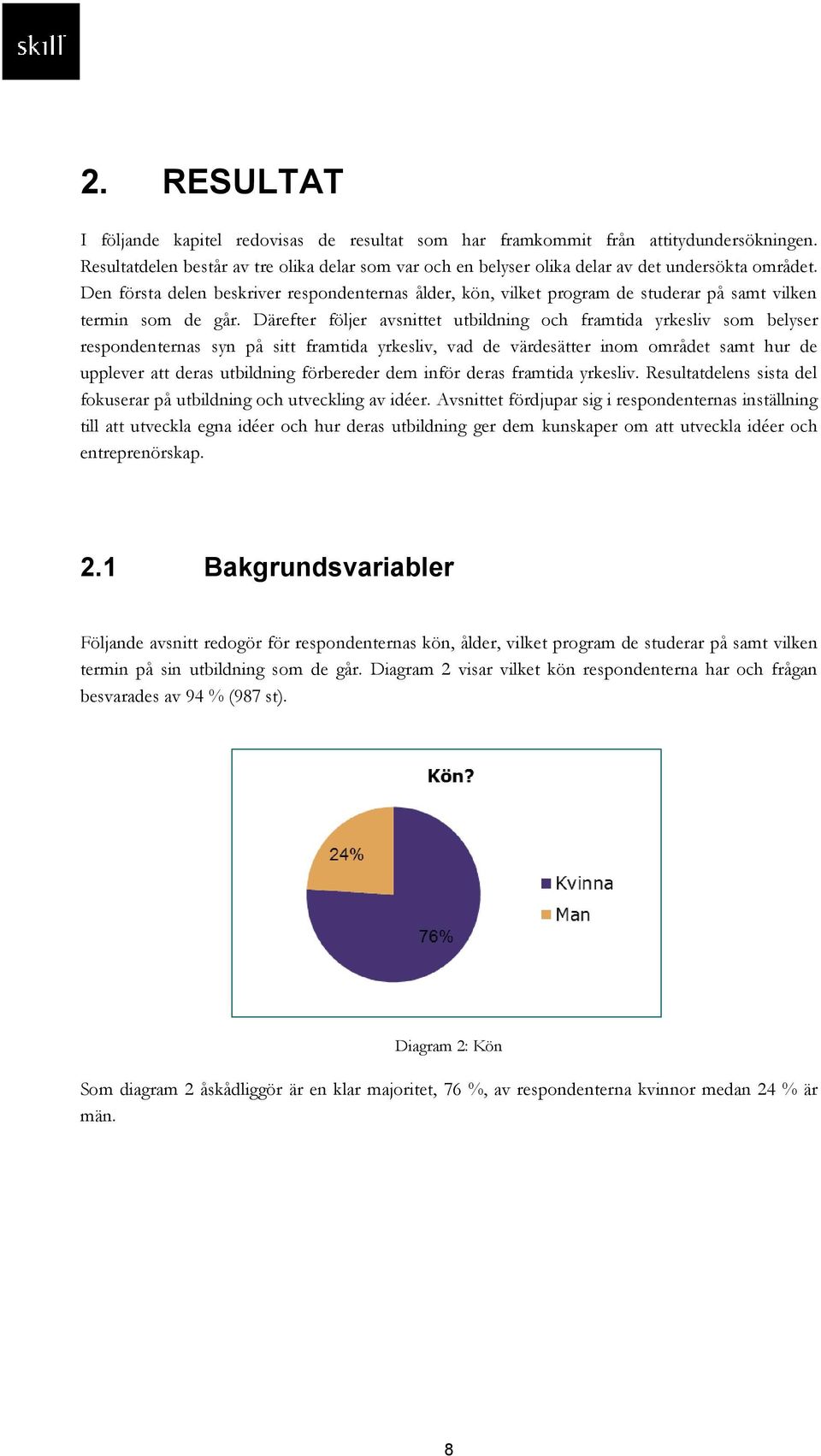 Den första delen beskriver respondenternas ålder, kön, vilket program de studerar på samt vilken termin som de går.