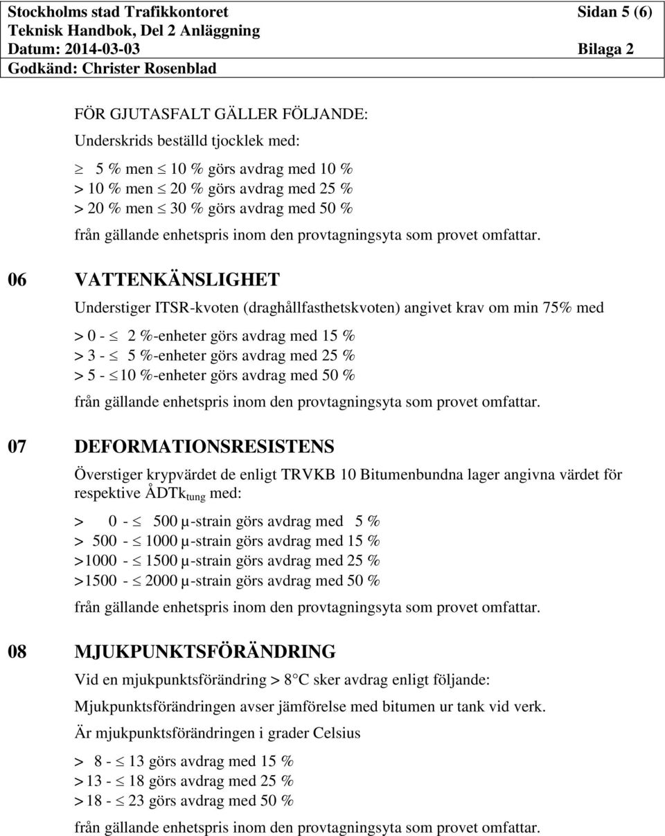 med 50 % 07 DEFORMATIONSRESISTENS Överstiger krypvärdet de enligt TRVKB 10 Bitumenbundna lager angivna värdet för respektive ÅDTk tung med: > 0-500 µ-strain görs avdrag med 5 % > 500-1000 µ-strain