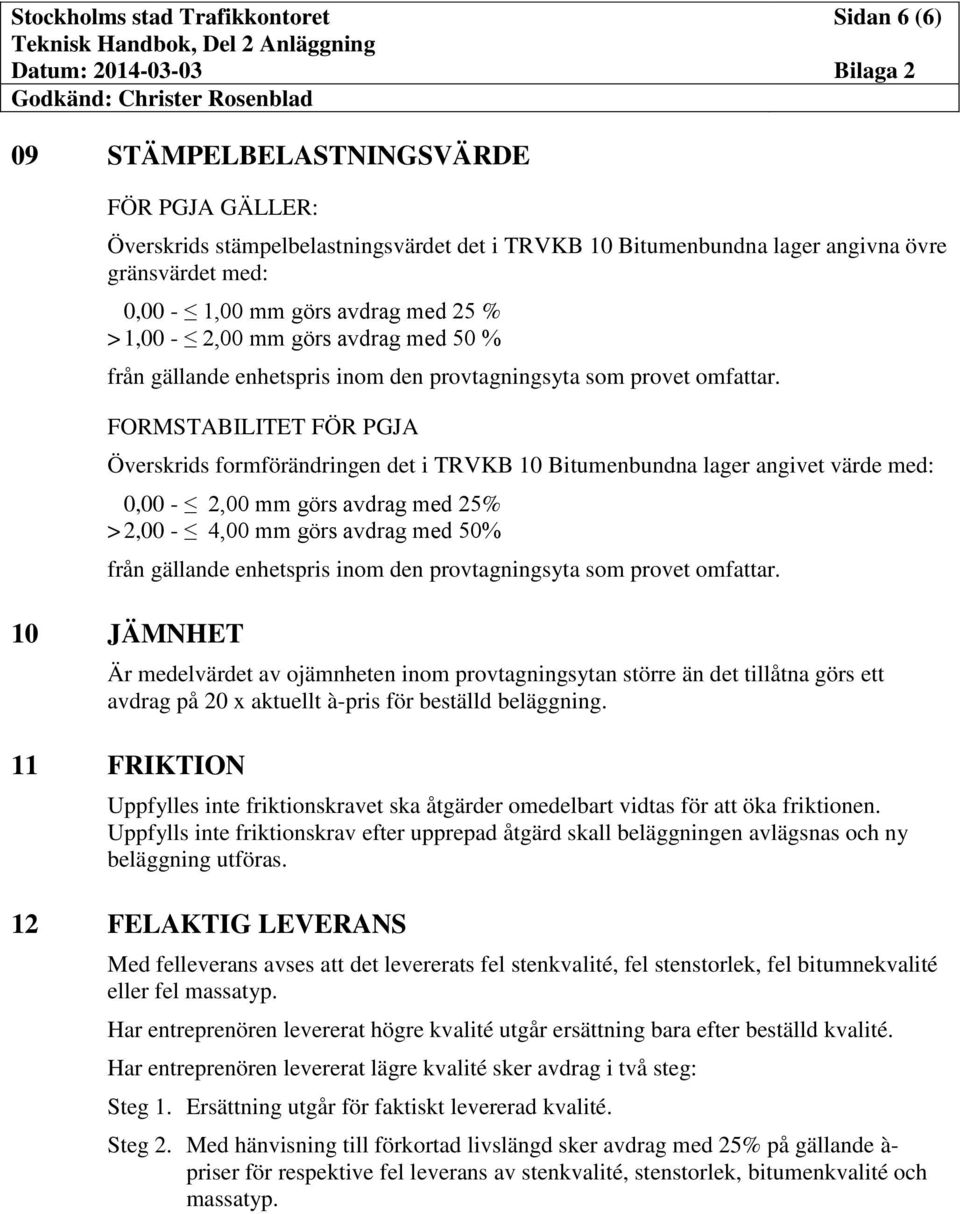 med 50% 10 JÄMNHET Är medelvärdet av ojämnheten inom provtagningsytan större än det tillåtna görs ett avdrag på 20 x aktuellt à-pris för beställd beläggning.