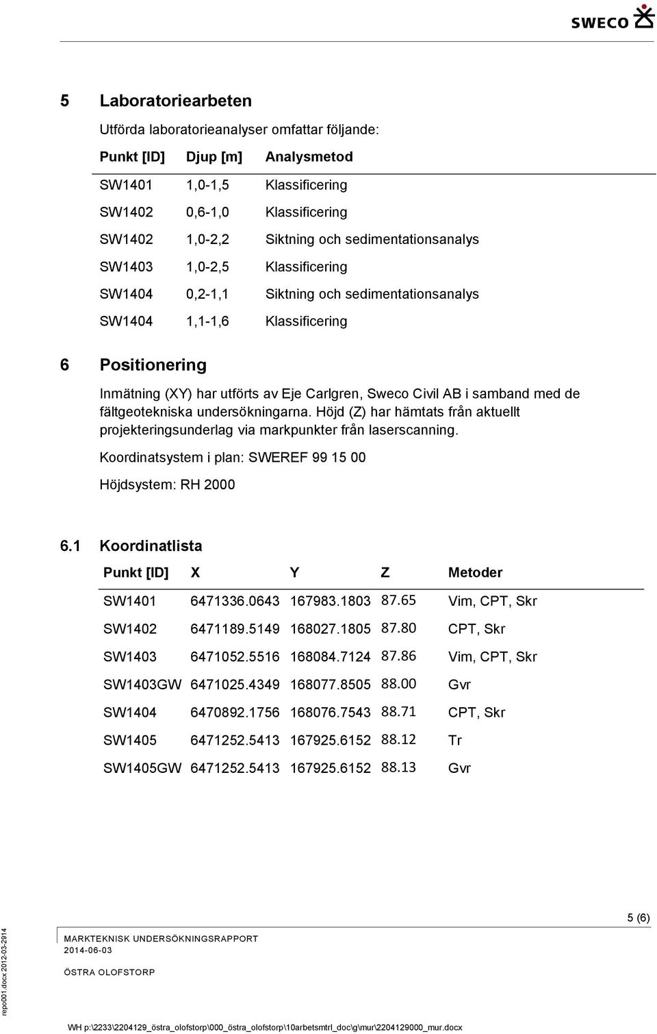 Siktning och sedimentationsanalys SW1403 1,0-2,5 Klassificering SW1404 0,2-1,1 Siktning och sedimentationsanalys SW1404 1,1-1,6 Klassificering 6 Positionering Inmätning (XY) har utförts av Eje