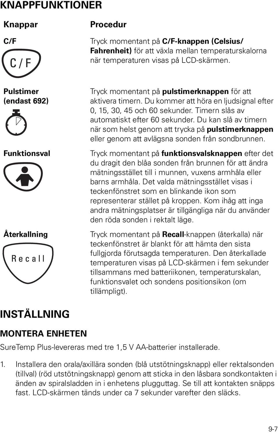 Timern slås av automatiskt efter 60 sekunder. Du kan slå av timern när som helst genom att trycka på pulstimerknappen eller genom att avlägsna sonden från sondbrunnen.