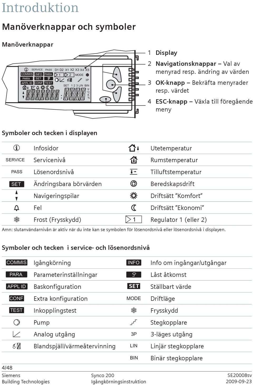 värdet 3P SE 2 3 LIN BIN F C K % 4 ESC-knapp Väla till föregående meny Symboler och tecken i displayen Infosidor Utetemperatur Servicenivå Rumstemperatur PASS Lösenordsnivå illuftstemperatur SE