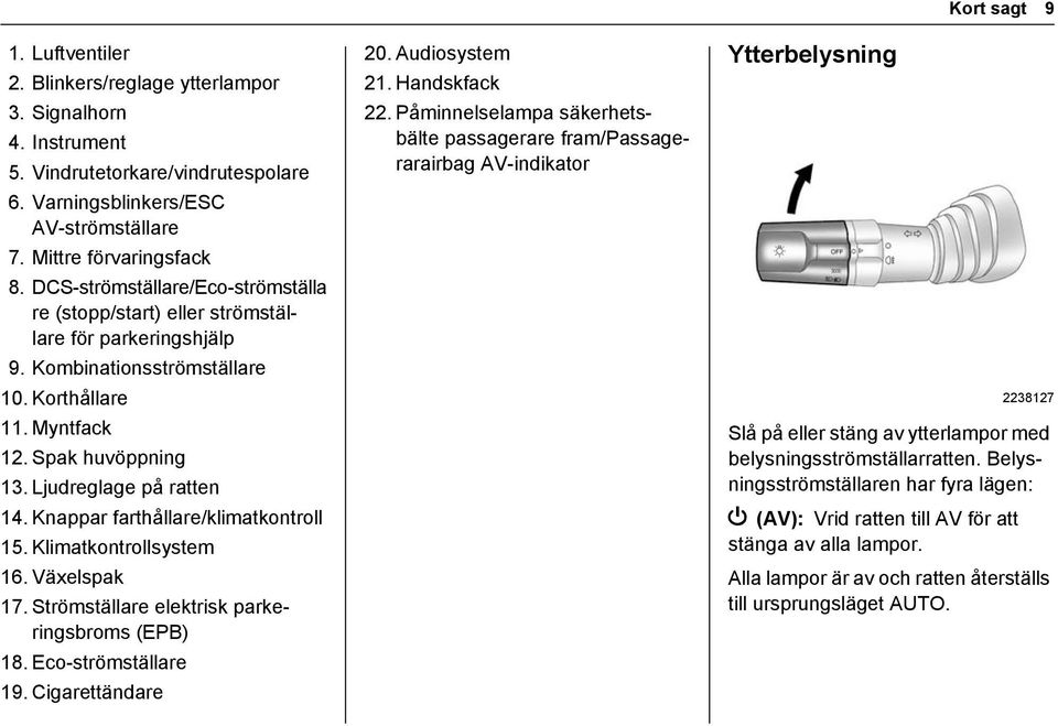 Knappar farthållare/klimatkontroll 15. Klimatkontrollsystem 16. Växelspak 17. Strömställare elektrisk parkeringsbroms (EPB) 18. Eco-strömställare 19. Cigarettändare 20. Audiosystem 21. Handskfack 22.