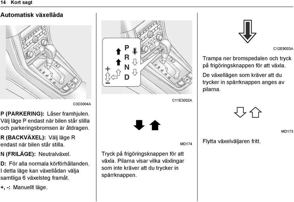 Välj läge P endast när bilen står stilla och parkeringsbromsen är åtdragen. R (BACKVÄXEL): Välj läge R endast när bilen står stilla. MD174 Flytta växelväljaren fritt.