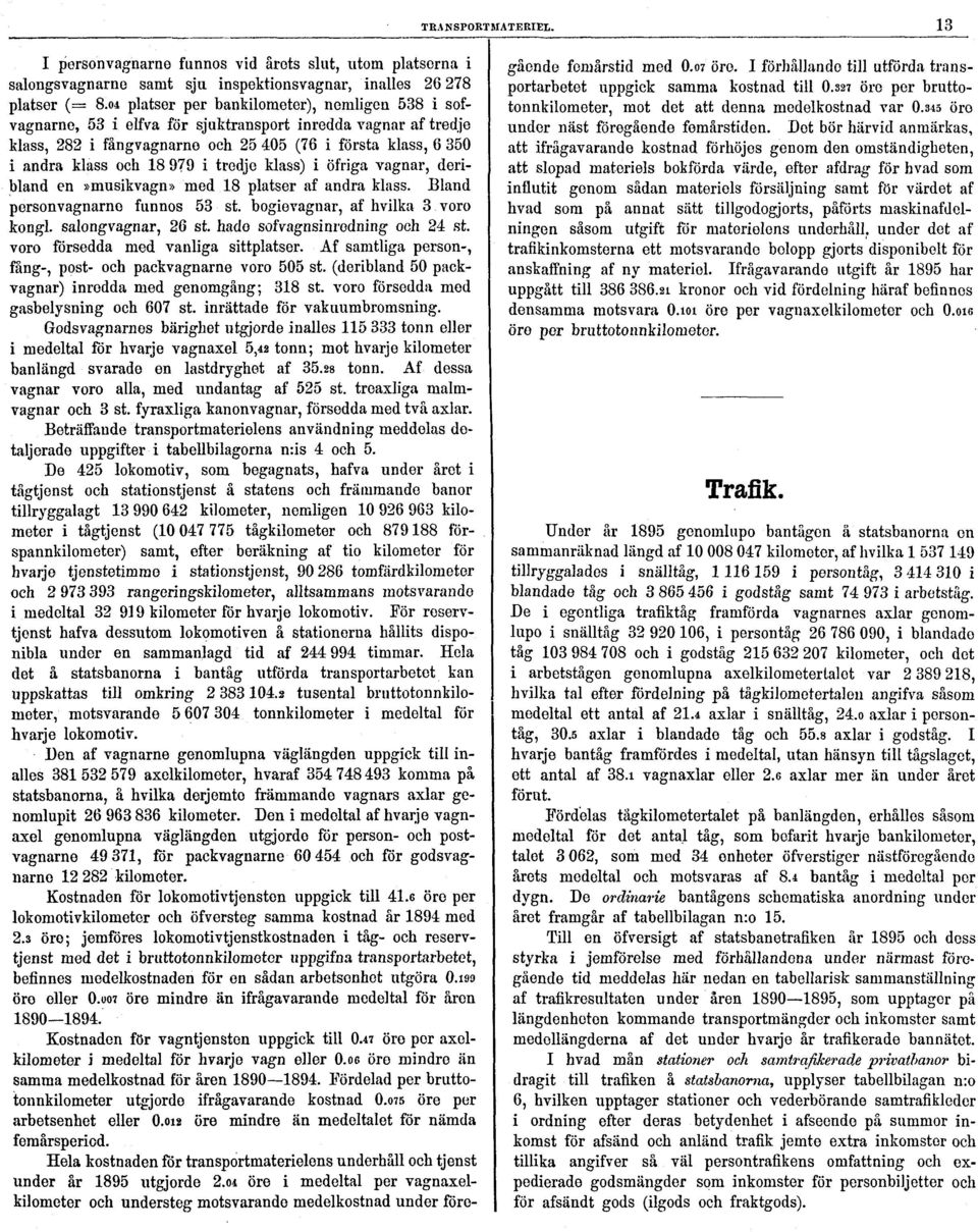 i tredje klass) i öfriga vagnar, deribland en»musikvagn» med 18 platser af andra klass. Bland personvagnarne funnos 53 st. bogievagnar, af hvilka 3 voro kongl. salongvagnar, 26 st.