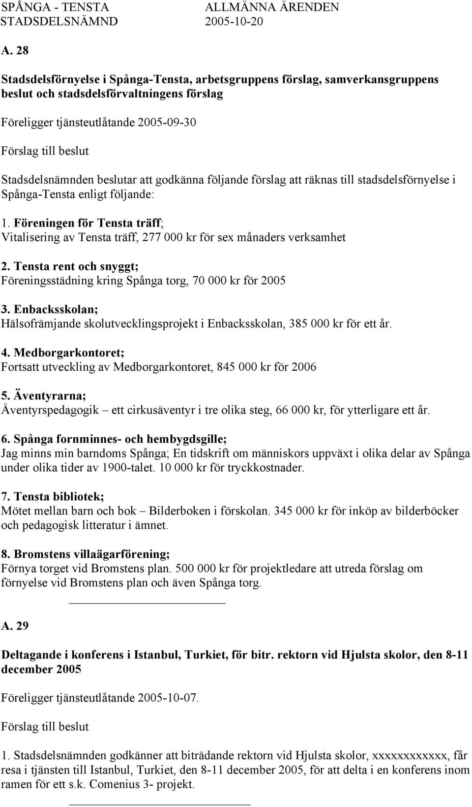 Tensta rent och snyggt; Föreningsstädning kring Spånga torg, 70 000 kr för 2005 3. Enbacksskolan; Hälsofrämjande skolutvecklingsprojekt i Enbacksskolan, 385 000 kr för ett år. 4.